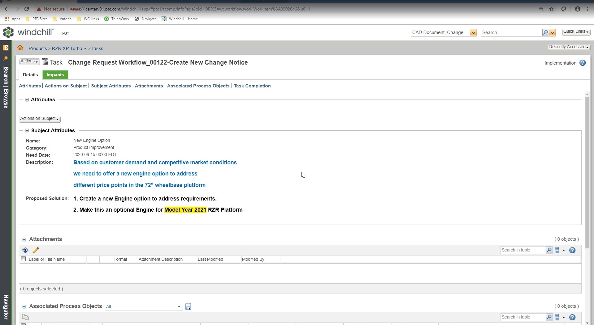 PTC Windchill BOM change management request