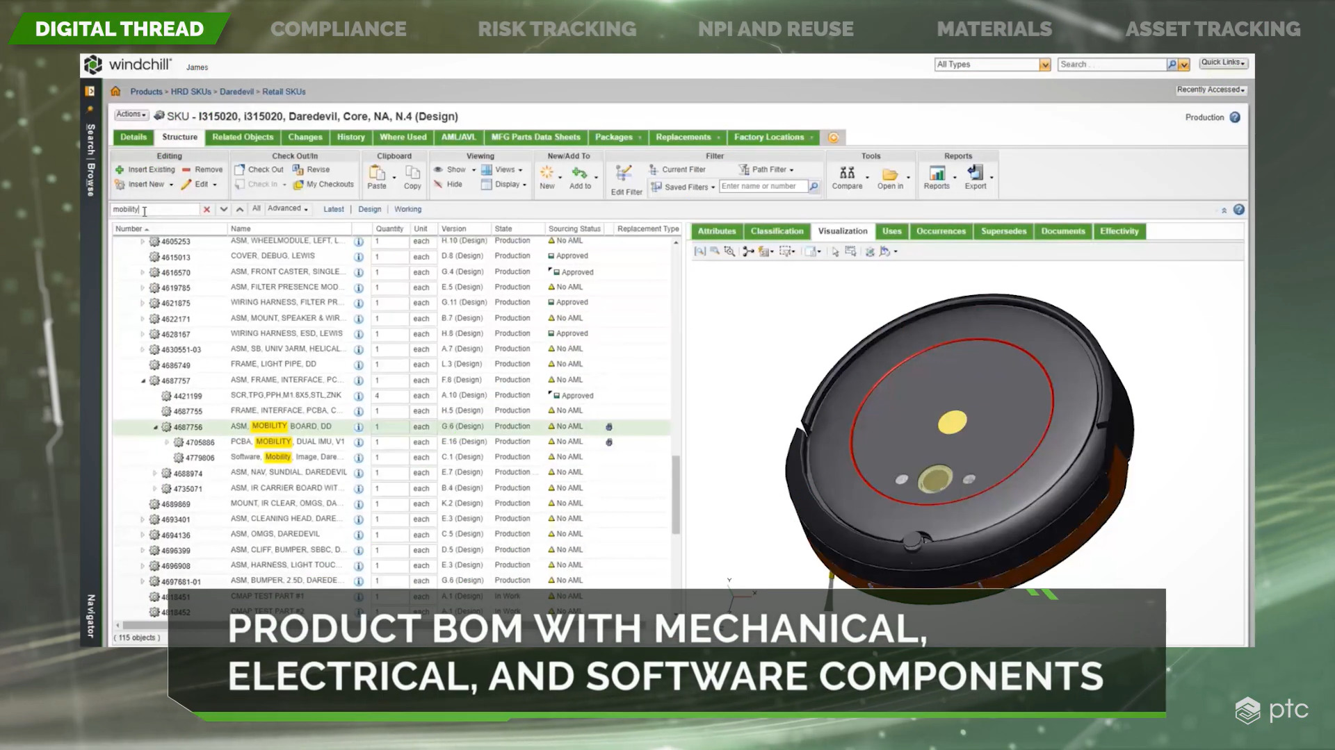PTC Windchill digital thread BOM list